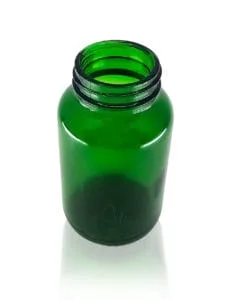 A close up photo of a 200ml green pharma glass jar from Origin Packaging