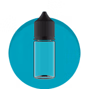 Clear plastic dropper bottle with black cap on a teal circular background.