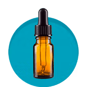 Amber glass dropper bottle with black cap on a teal circular background.