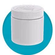 White plastic jar with ribbed screw-top lid, set against a teal circular background.