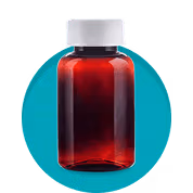 Amber pharmacy bottle with white childproof cap on a teal circular background.