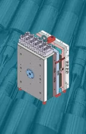 Cutaway diagram of a multi-layer industrial mould block with cavity plates on a teal background.