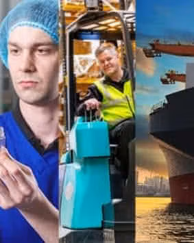 Collage showing a lab technician, a forklift operator, teal packaging boxes, and a cargo ship at sea.
