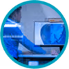Circular icon showing a laptop screen with blue abstract data graphics inside a teal ring border.