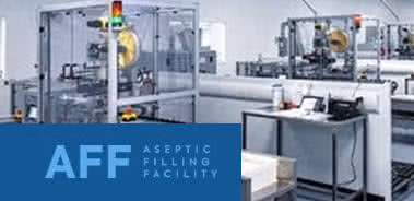 Aseptic filling facility with automated packaging machinery and "AFF" label overlay in the corner.